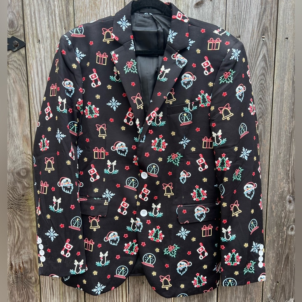 CHRISTMAS Santa Trees Stockings Fun Black Blazer Jacket Mens Medium NWOT
